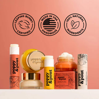 Poppy & Pout skincare product collection with natural ingredients, leaping bunny certified, handmade in USA