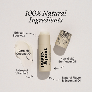 Poppy & Pout lip balm with ingredient callouts showing 100% natural components like beeswax and coconut oil