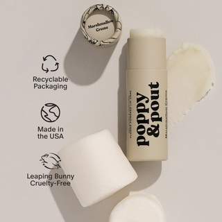 Poppy & Pout marshmallow creme lip balm with recyclable packaging, cruelty-free and made in USA icons.