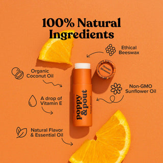 Orange lip balm tube surrounded by orange slices with ingredient callouts highlighting natural components like beeswax and...