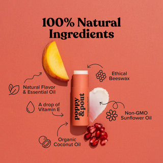 Poppy & Pout lip balm with natural ingredients including beeswax, coconut oil, and vitamin E displayed on coral background.