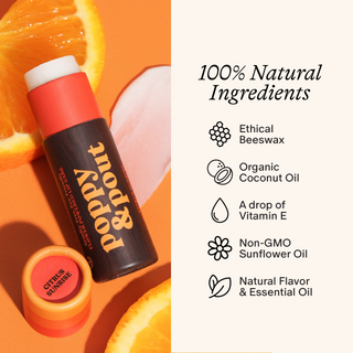 Poppy & Pout lip balm tube with orange citrus-themed packaging and natural ingredients list displayed alongside orange sli...