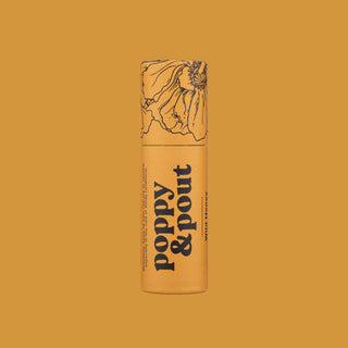 Poppy & Pout lip balm tube with floral design on orange background
