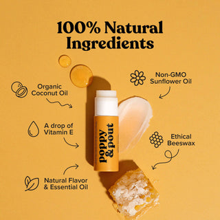 Poppy & Pout lip balm tube with honeycomb and natural ingredients labeled on orange background
