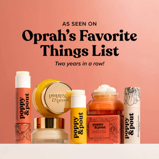 Poppy & Pout skincare products display featuring lip balms and scrubs with Oprah's Favorite Things List endorsement