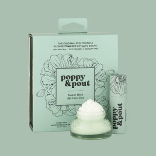 Poppy & Pout Sweet Mint Lip Care Duo with packaging, lip balm tube, and moisturizing lip scrub jar