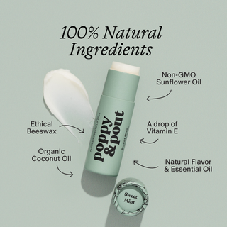 Poppy & Pout Sweet Mint lip balm with 100% natural ingredients including beeswax, coconut oil, and vitamin E