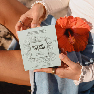 Person holding Poppy & Pout Sweet Mint Lip Care Duo package with orange poppy flower nearby.