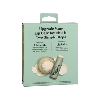 Poppy & Pout lip care duo packaging showing lip scrub and lip balm for two-step routine
