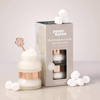 Poppy & Pout Marshmallow Creme Lip Care Trio set with stacked jars, spatula, and box.