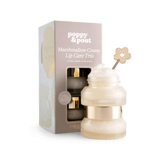 Poppy & Pout Marshmallow Creme Lip Care Trio set with stacked jars, flower spatula, and gift box.