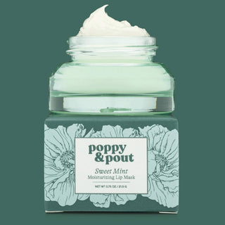 Open jar of Poppy & Pout Sweet Mint Moisturizing Lip Mask with white cream and floral packaging design.