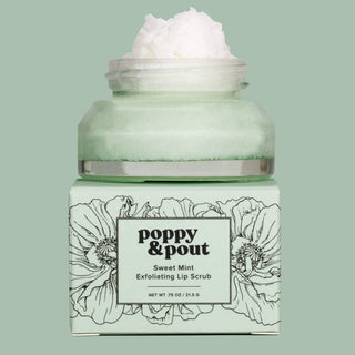 Open jar of Poppy & Pout Sweet Mint Exfoliating Lip Scrub showing white product texture.