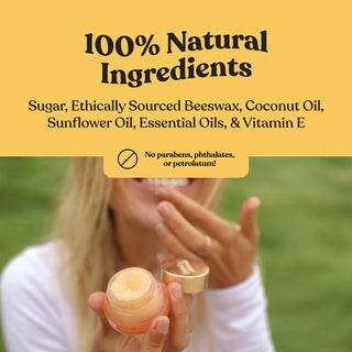Woman applying Poppy & Pout lip scrub outdoors, showcasing 100% natural ingredients and no harmful chemicals.