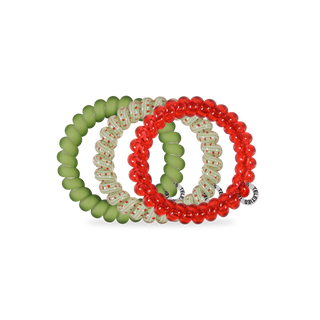 TELETIES Locally Grown Large Hair Ties in green, red, and speckled patterns displayed together