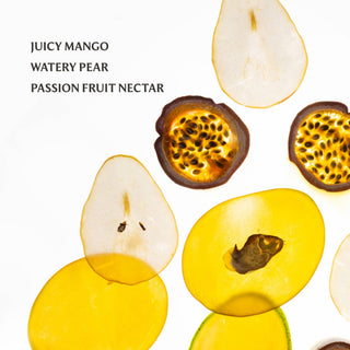 Sliced tropical fruits including mango, pear, and passion fruit showcasing vibrant yellow and orange colors with seeds vis...