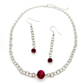 Silver chain necklace and earring set with deep red gemstone beads from Alegria Accessories