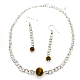 Silver chain necklace and matching drop earrings with brown gemstone beads jewelry set