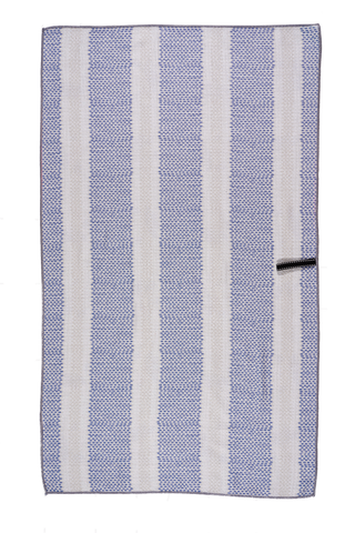 Blue and white striped kitchen towel with textured weave pattern and ring binder closure.