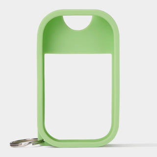 Silicone hand mist holder with keyring clip and clear label window on white background.