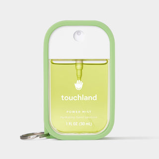 Touchland Power Mist hydrating hand sanitizer spray bottle in silicone case with keyring clip.