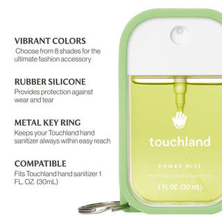 Touchland Power Mist hand sanitizer in a rubber silicone case with metal key ring attachment.