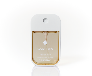 Touchland Power Mist hydrating hand sanitizer spray bottle with white cap, 1 fl oz.