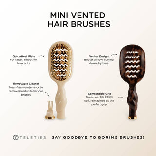 TELETIES Mini Vented Hair Brush with quick-heat plate, removable cleaner, and comfortable coil grip.