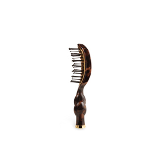TELETIES Mini Vented Brush with tortoise shell pattern handle and metal bristles, side view.