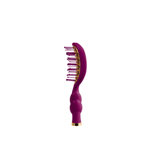 TELETIES Mini Vented Hair Brush with flexible bristles and ergonomic curved handle on black background.