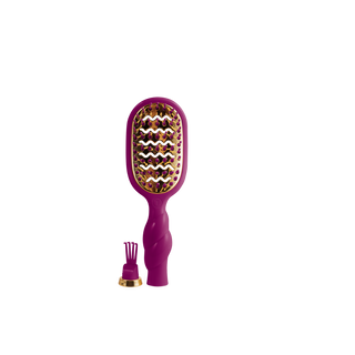 TELETIES Mini Vented Hair Brush with gold bristle pad, purple tips, and detachable cleaning tool.