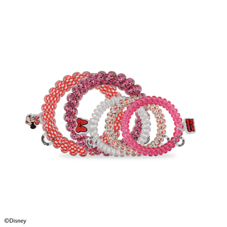 Set of colorful spiral hair ties with Disney Minnie Mouse themed designs and charms.