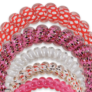 Collection of colorful spiral hair ties featuring Disney character patterns and polka dot designs