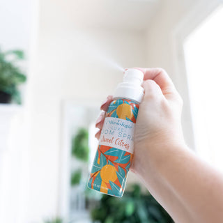 Hand holding Mixologie room spray bottle with citrus pattern design against bright window background.
