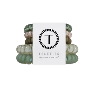 TELETIES Mossy Moments spiral hair ties set of four stacked on branded packaging card.