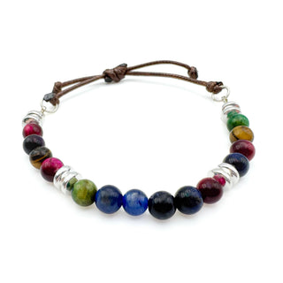 Alegria Accessories Mountain Breeze Bracelet with multicolor gemstone beads and adjustable brown cord closure.