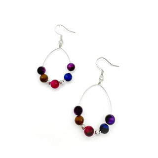 Teardrop wire hoop earrings with multicolor beads and silver fishhook ear wires.