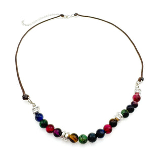 Alegria Accessories Mountain Breeze Necklace with multicolor gemstone beads on brown leather cord with silver accents.