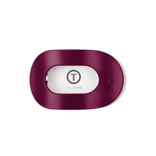 TELETIES flat round hair clip with branded logo on white center panel, deep berry hue