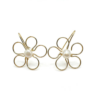 Alegria Accessories gold wire flower-shaped earrings with pearl centers and hook closures.