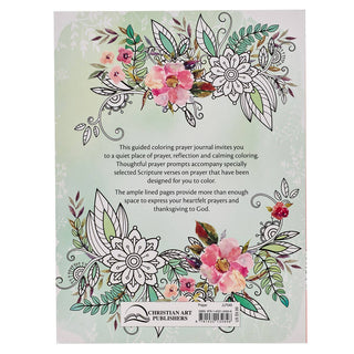 Back cover of My Coloring Prayer Journal featuring watercolor floral designs and product description text.
