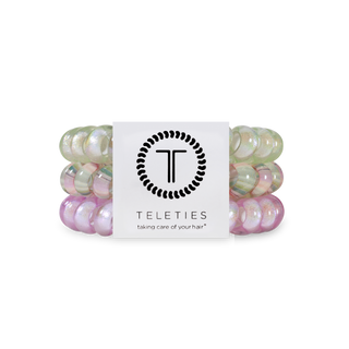 TELETIES hair ties package showing iridescent spiral hair ties in multiple translucent colors