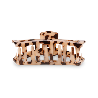 TELETIES large open hair clip in tortoiseshell pattern with cutout logo design