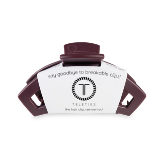 TELETIES open hair clip in burgundy with spiral design and branded packaging label