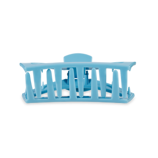 Blue plastic hair clip with open cage design and curved grip teeth