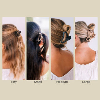 Four women modeling different sizes of open hair clips in various hairstyles from ponytail to updo.