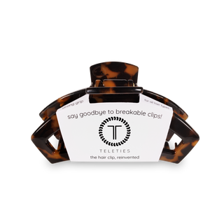 TELETIES tortoiseshell hair clip with strong grip design and white product label