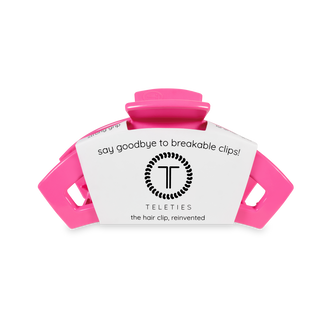 TELETIES open hair clip in bright pink with product packaging and branding