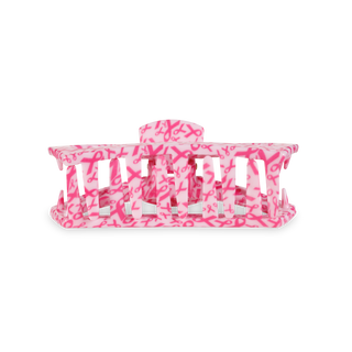 TELETIES open hair clip with pink ribbon pattern design on transparent background