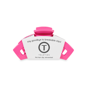 TELETIES open hair clip in bright pink with packaging showing reinvented hair clip design
